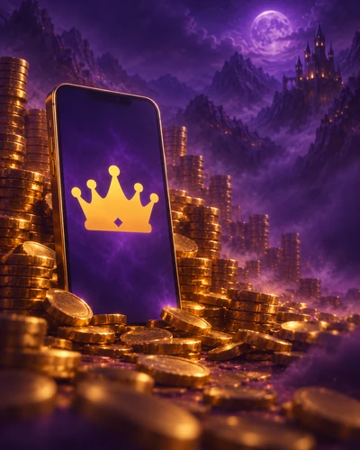 Kingmaker Casino App: Smartphone zwischen Goldmünzen