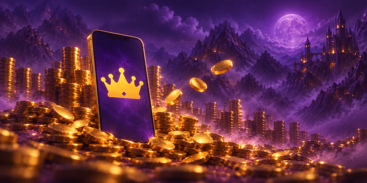 Kingmaker Casino App: Smartphone mit Kronen-Symbol in einem Münzhügel