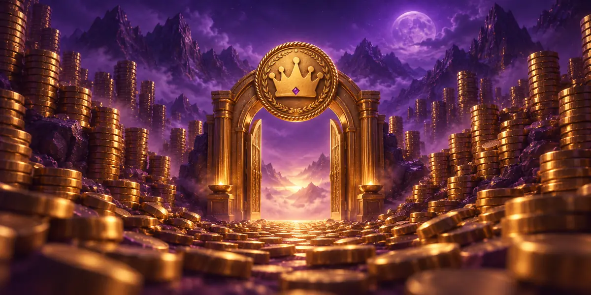 Kingmaker Casino Login: goldenes Tor in einer Schlucht aus Münztürmen