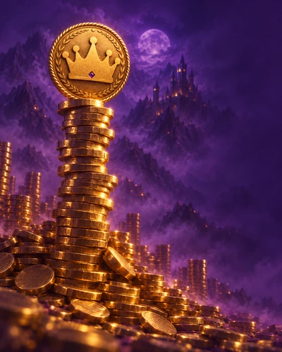 Kingmaker Casino Willkommensbonus: Münzturm mit Kronen-Medaillon